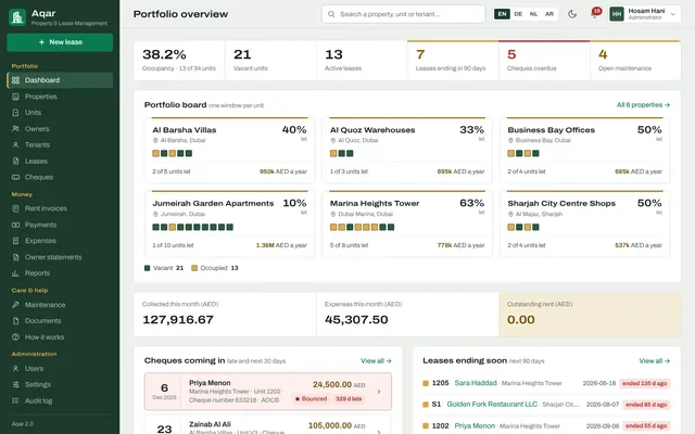The main screen of Aqar with demo data