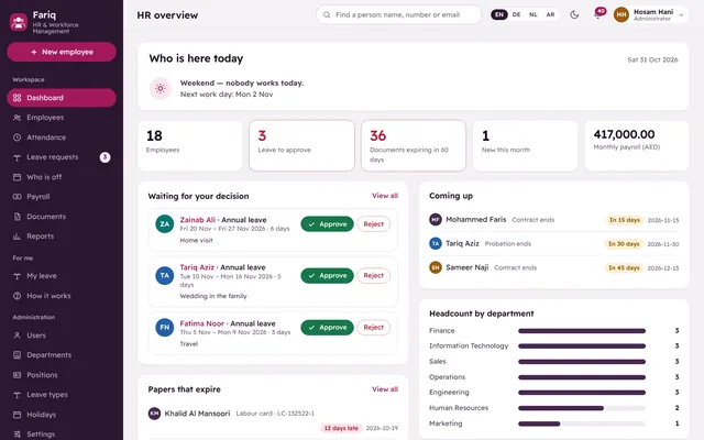 The main screen of Fariq with demo data