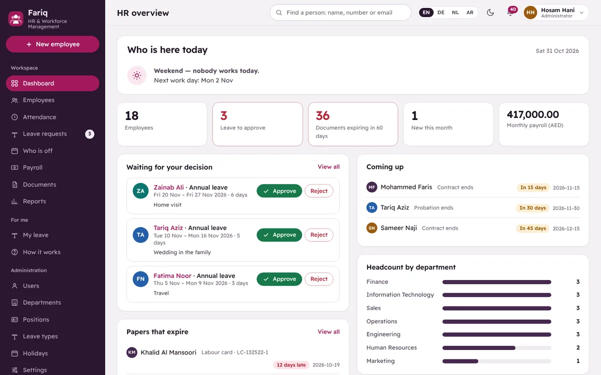 The main screen of Fariq with demo data